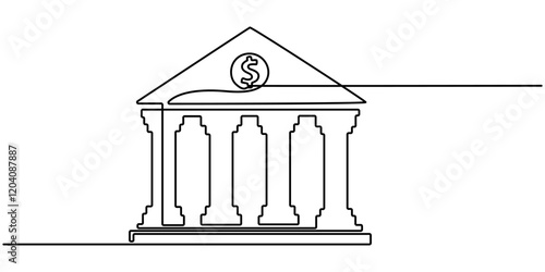 Bank icon icon line continuous drawing vector. One line temple icon vector background. Building with columns icon. Continuous outline of a theater icon, Bank, bank building, court, building with pro.