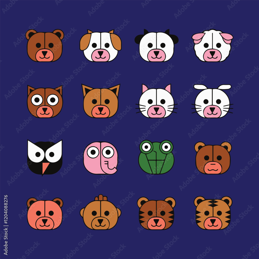 Vector illustration of stylized animal faces, a bear, cow, dog, pig, sheep, rabbit, cat, elephant, owl, frog, monkey, chicken and tiger Vector illustration of stylized animal faces, a bear, cow, dog, pig, sheep, rabbit, cat, elephant, owl, frog, monkey, chicken and tiger