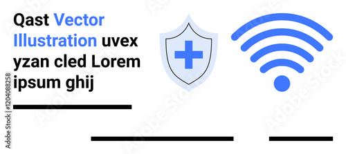 Shield with blue cross for protection, wireless signal icon, and sample text blocks. Ideal for cybersecurity, tech blogs, health apps, internet services, online security, infographics