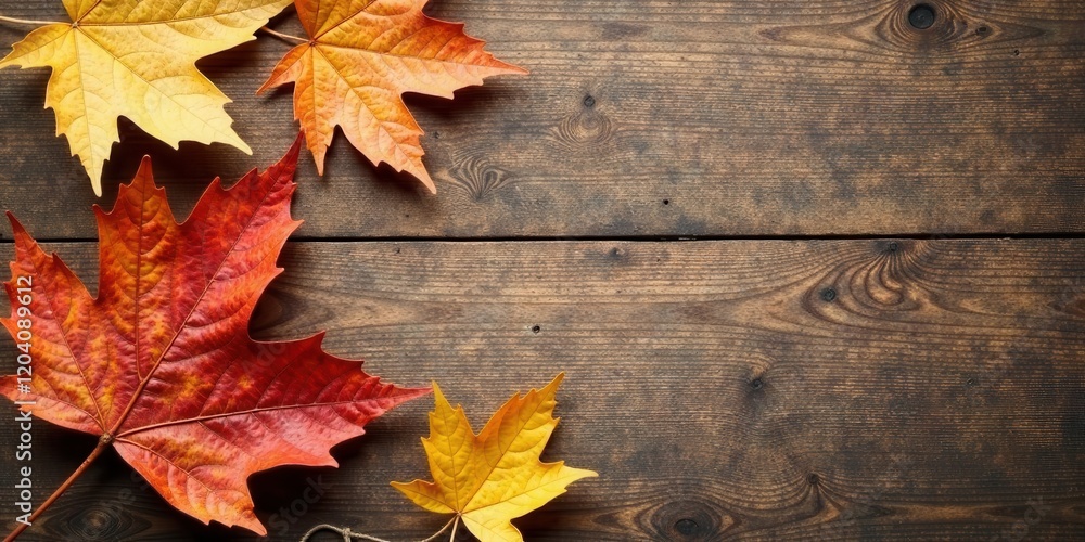 Autumnal foliage arranged on rustic wooden surface creates a picturesque seasonal scene. Autumnal foliage arranged on rustic wooden surface creates a picturesque seasonal scene.