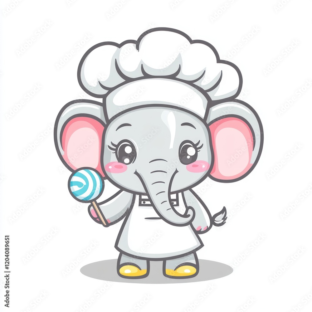 Cute elephant chef holding lollipop, white background, children's illustration, recipe book Cute elephant chef holding lollipop, white background, children's illustration, recipe book