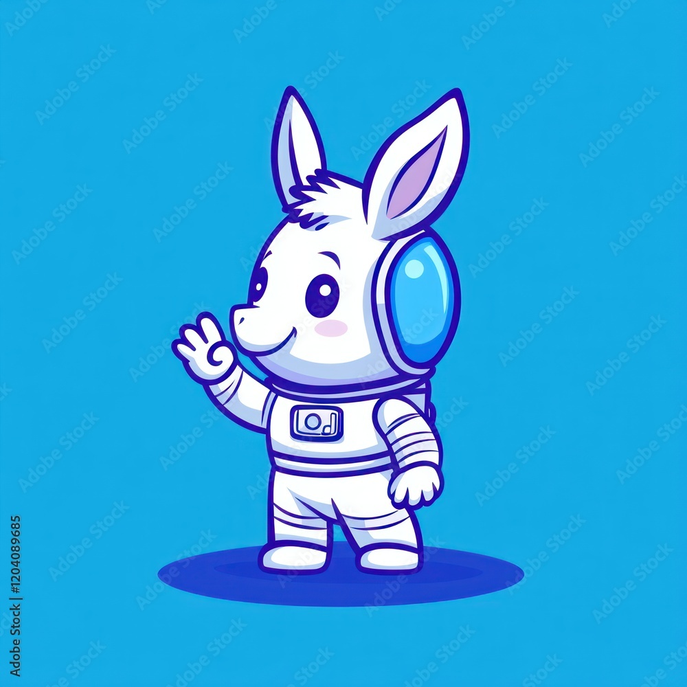 Cute bunny astronaut waving, space background, children's book illustration Cute bunny astronaut waving, space background, children's book illustration