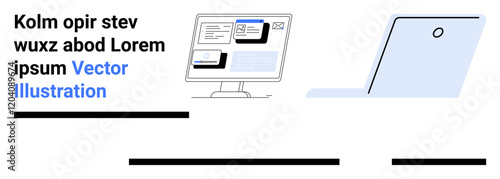 Computer monitor with webpage elements, laptop, and text placeholder in black and blue colors. Ideal for business, tech, communications, web design, development, presentations, educational resources