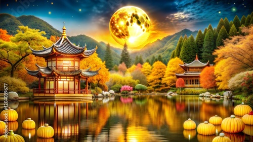 Chinese building style. Ancient Chinese architecture beside lake in the forest and mountain with yellow moon on sky.