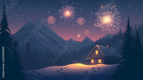 New year's eve celebration mountain cabin digital art winter night scenic view festive atmosphere photo