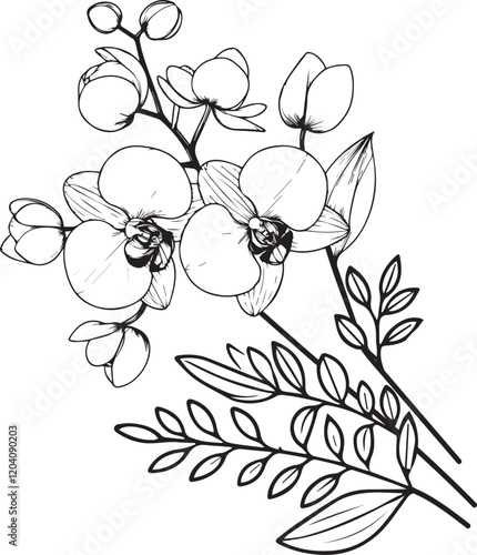 Coloring page vector sketch of Orchid flowers, Orchid flower line drawings, hand-painted calla flower wall art, botanical Orchid flower wall art, simple Orchid flower drawings, Orchid outline drawing