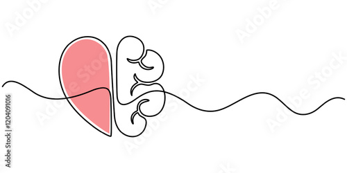 One line drawing of half of a human brain and a human heart. Vector illustration, One continuous line drawing of half of a human brain and love in the shape of a heart logo icon. Philosophical of love