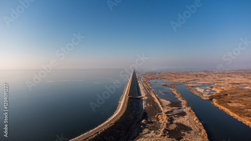 Aerial Winter Views of Willard Bay State Park Utah Frozen Water