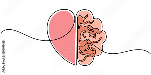 One line drawing of half of a human brain and a human heart. Vector illustration, One continuous line drawing of half of a human brain and love in the shape of a heart logo icon. Philosophical of love