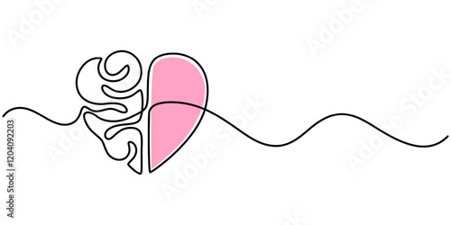 One line drawing of half of a human brain and a human heart. Vector illustration, One continuous line drawing of half of a human brain and love in the shape of a heart logo icon. Philosophical of love