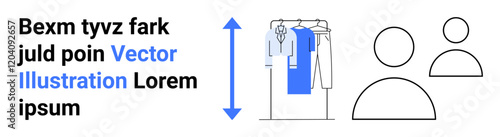 Clothes hanging on a rack, placeholder text, and two user icons. Ideal for business, fashion, user interface, e-commerce, customer service team collaboration social media. Landing page