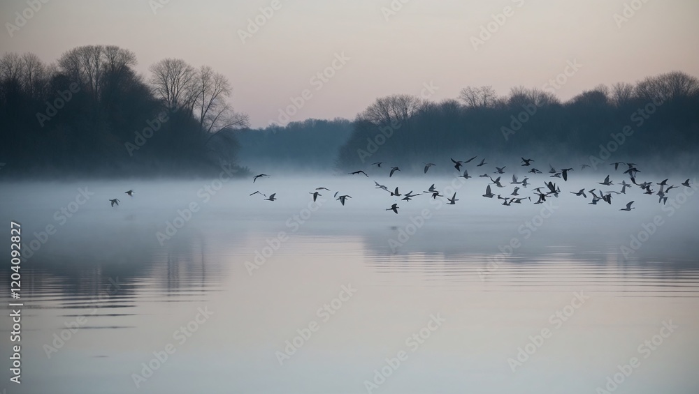 Fototapeta premium Flock of birds flying over a misty lake during dawn in a tranquil setting