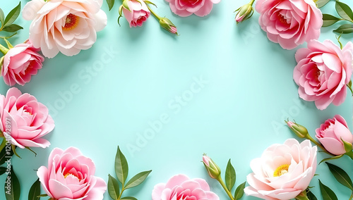 International Women's Day background design featuring a floral frame of roses and greenery on a pastel blue backdrop for stylish and feminine-themed celebration designs