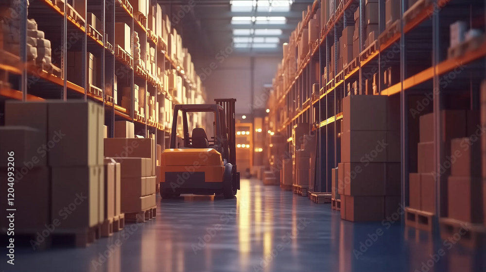 Large Warehouse with Rows of Shelved Boxes and a Forklift Large Warehouse with Rows of Shelved Boxes and a Forklift