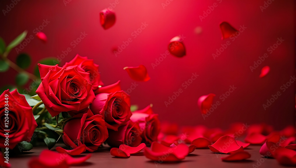International Women's Day background design with a romantic arrangement of red roses and petals on a deep red backdrop, symbolizing passion and love, great for greeting visuals. International Women's Day background design with a romantic arrangement of red roses and petals on a deep red backdrop, symbolizing passion and love, great for greeting visuals.