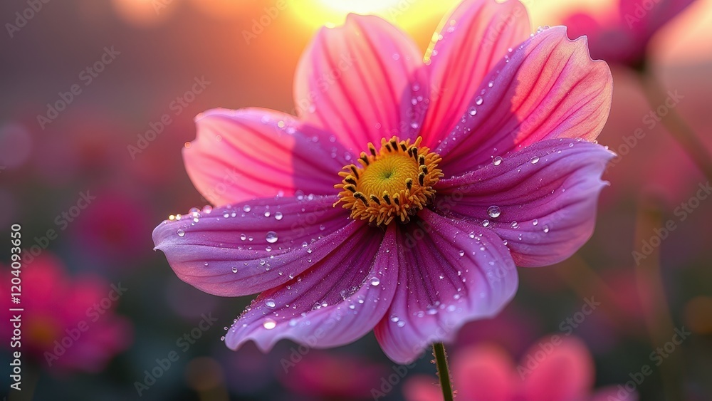 Close-up of a pink cosmos flower with dew drops Close-up of a pink cosmos flower with dew drops