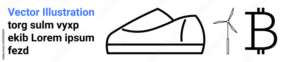 Shoe outline, wind turbine, and Bitcoin symbol next to placeholder text. Ideal for tech, finance, energy, footwear, sustainability, innovation, modern design. Landing page Shoe outline, wind turbine, and Bitcoin symbol next to placeholder text. Ideal for tech, finance, energy, footwear, sustainability, innovation, modern design. Landing page