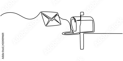 Mailbox. Continuous Line Drawing of a Mailbox. Editable Stroke, Hand drawn mailing box stock illustration, Sending Email message and newsletter in simple linear style. Concept of business metaphor. 