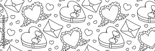 Valentines Day festive doodle pattern. Heart with angel wings. Heart-shaped box of chocolates with bow, envelope. Cute flying symbol Cupid. Line art romantic Background. Vector outline illustration.