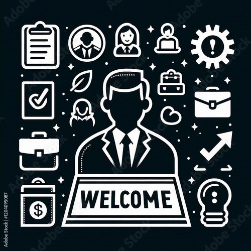 Employee Onboarding with Welcome Mat and Briefcase Icons