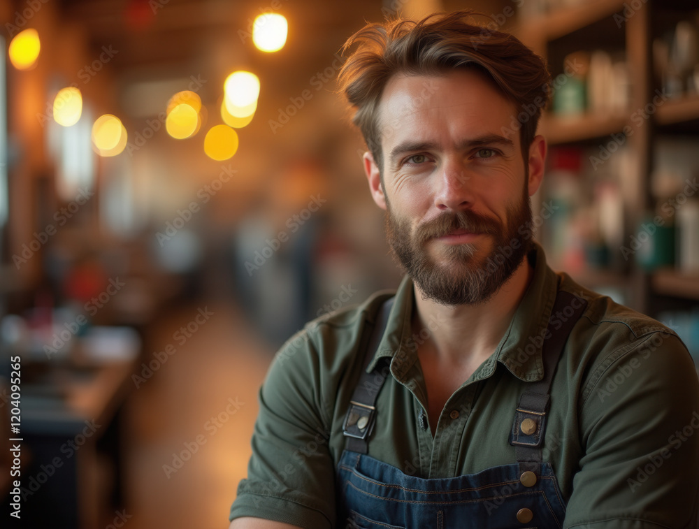 Mechanic in casual workwear standing confidently during sunset with a blurred background of a bustling workshop Mechanic in casual workwear standing confidently during sunset with a blurred background of a bustling workshop