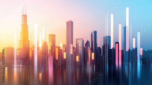 A vibrant city skyline at sunset, featuring tall buildings illuminated by colorful lights, creating a dynamic urban atmosphere.