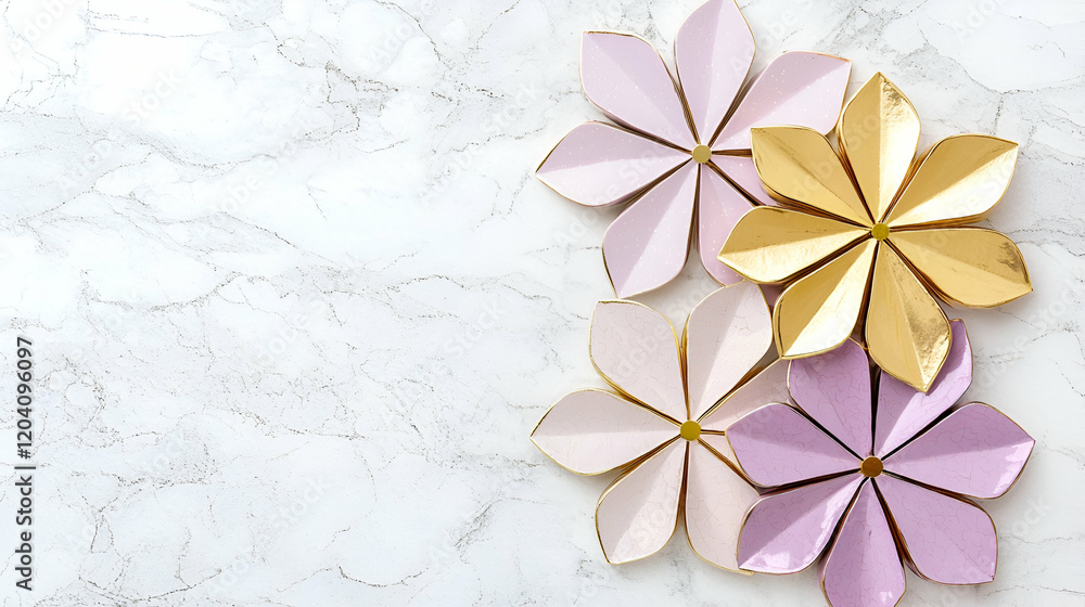 Obraz premium Colorful, decorative paper flowers arranged on a marble surface, showcasing a blend of pink and gold hues.