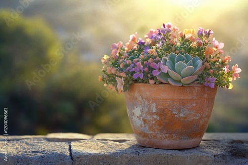 A terracotta pot filled with vibrant succulents and pastel flowers basks in the warm sunlight.