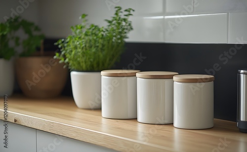 White ceramic canisters with wooden lids sit on a kitchen counter photo