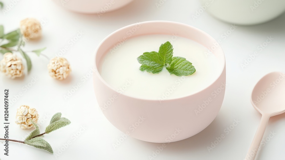 Pink bowl containing yogurt, muesli mint perfect for a healthy and delicious breakfast food Pink bowl containing yogurt, muesli mint perfect for a healthy and delicious breakfast food