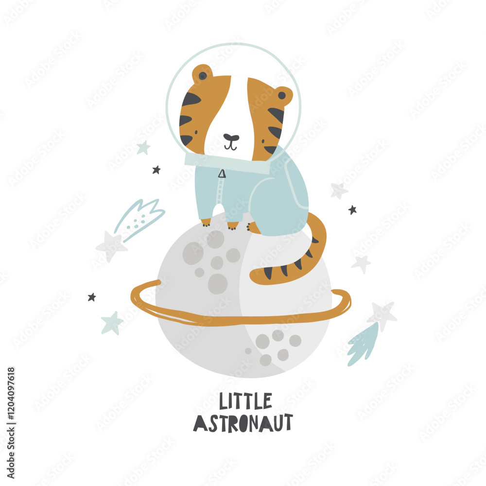 Vector illustration of cute tiger astronaut in space, planet Saturn, stars and lettering little astronaut. Space cartoon design for kids. Perfect for invitations, cards, posters. Nursery. Baby. Vector illustration of cute tiger astronaut in space, planet Saturn, stars and lettering little astronaut. Space cartoon design for kids. Perfect for invitations, cards, posters. Nursery. Baby.
