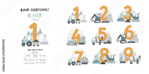Vector invitation template for kid's birthday party with construction vehicles. Cute cartoon building cars, transportation. Invitation design. Baby boy. Tractor, crane, truck, excavator. Newborn.