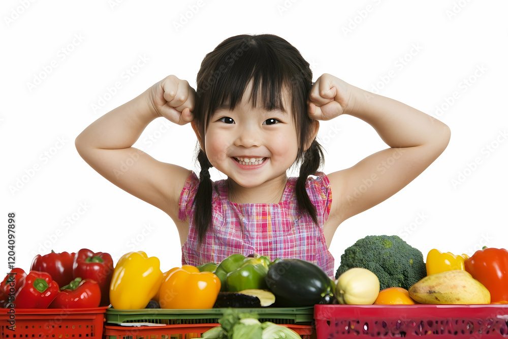 Fototapeta premium Cheerful Child Showcasing Strength with Fresh Vegetables on Display