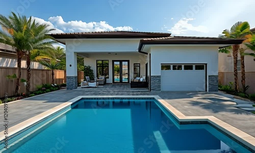 Miami, Florida, USA. Modern building with swimming pool, trees, chairs. Urban landscape with blue reflecting pool, city architecture, and scenic environment.