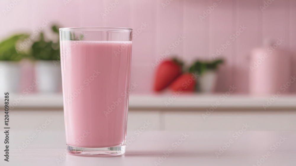 Pink milk splashing into clear glass, resting on white surface with vivid pink background, highlighting delicate beverage color and texture Pink milk splashing into clear glass, resting on white surface with vivid pink background, highlighting delicate beverage color and texture
