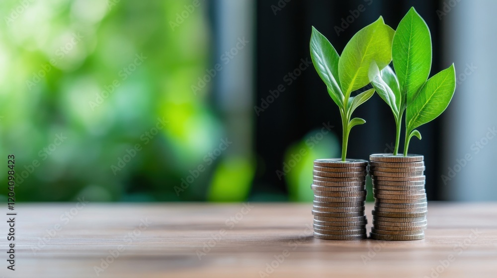 Green Leaves Growing from Stacks of Coins Representing Financial Growth and Sustainable Investment Opportunities Green Leaves Growing from Stacks of Coins Representing Financial Growth and Sustainable Investment Opportunities