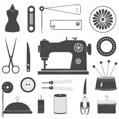 Vintage tailor Sewing set silhouette Tailoring and Sewing Icons Elements Set
