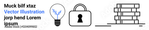 Lightbulb, padlock, and stacked books. Ideal for innovation, security, education, intellectual property, online courses e-learning technology concepts. Landing page