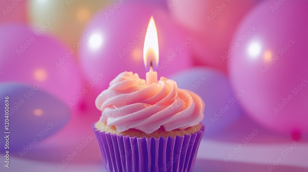Cupcake with pink frosting and candle surrounded by colorful balloons on festive background with Copy Space Cupcake with pink frosting and candle surrounded by colorful balloons on festive background with Copy Space