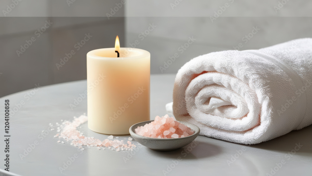candle, bath salts, and soft towel arranged in spa like setting symbolize relaxation and care, creating serene atmosphere candle, bath salts, and soft towel arranged in spa like setting symbolize relaxation and care, creating serene atmosphere