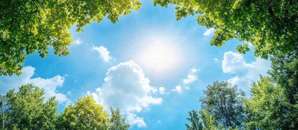 Bright sunlight shining through lush green trees against a blue sky with fluffy clouds Copy Space Bright sunlight shining through lush green trees against a blue sky with fluffy clouds Copy Space