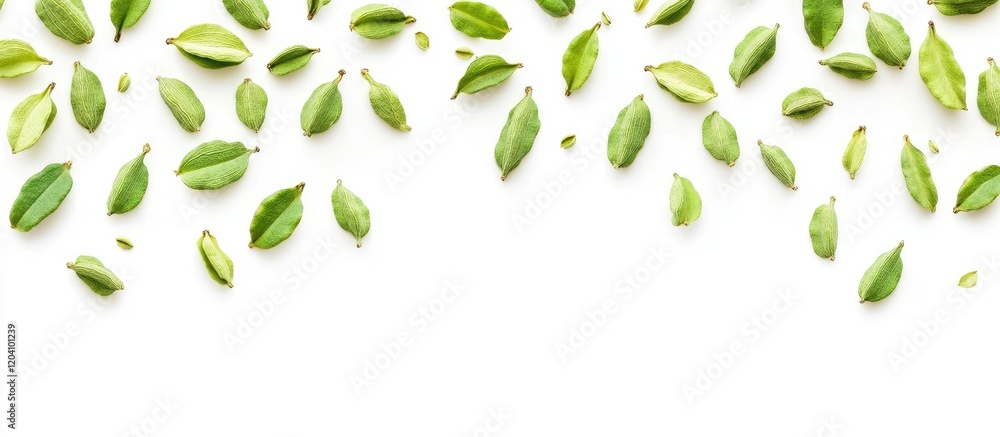Green cardamom seeds arranged on a white background with ample copy space for text or design elements Green cardamom seeds arranged on a white background with ample copy space for text or design elements