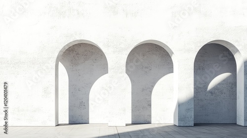 Minimalist architectural design featuring three arched openings on a textured white wall with shadows and copy space. photo