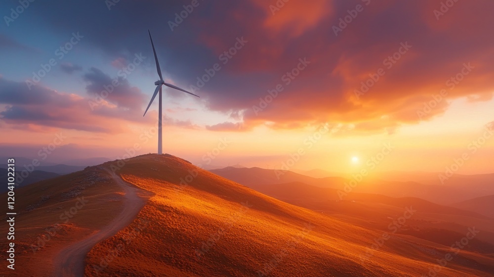 Obraz premium Majestic Wind Turbine on Hilltop Against Colorful Sky at Sunset in Mountain Landscape