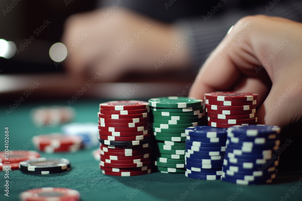 Naklejka premium Betting hand at poker table with multiple stacks of colored chips during an intense game
