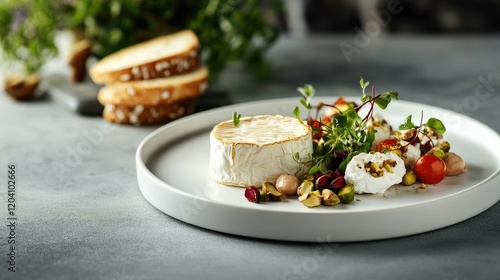 Gourmet cheese platter with nuts, cherry tomatoes, and herbs on a white plate with copy space for text. photo