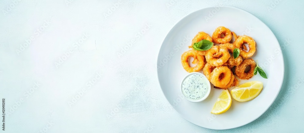 Fried calamari served on a white plate with lemon wedges and dipping sauce on a light background with copy space Fried calamari served on a white plate with lemon wedges and dipping sauce on a light background with copy space