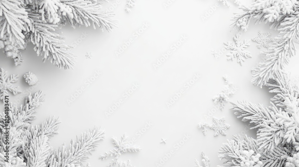 Winter holiday background with snowy pine branches and snowflakes on white surface, featuring ample copy space for text placement. Winter holiday background with snowy pine branches and snowflakes on white surface, featuring ample copy space for text placement.