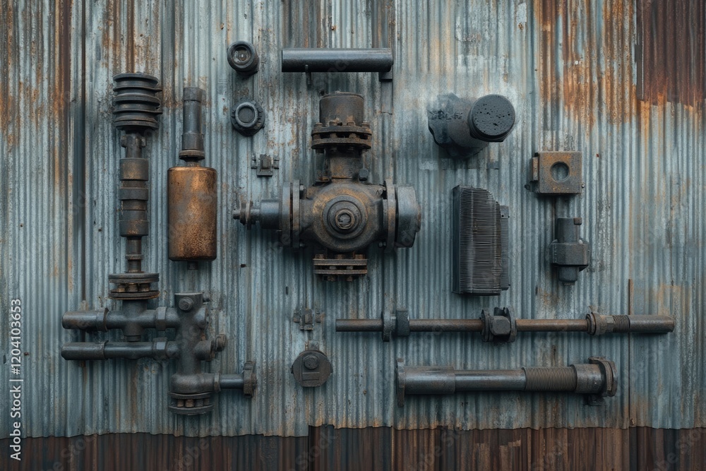 Assorted rusty industrial metal parts arranged on a corrugated metal wall. Assorted rusty industrial metal parts arranged on a corrugated metal wall.