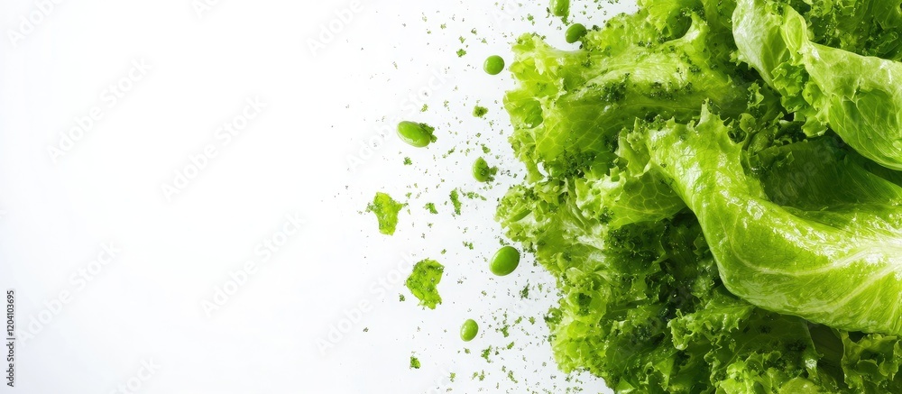 Fresh green lettuce leaves with splashes showcasing texture and detail on a white background with copy space for text. Fresh green lettuce leaves with splashes showcasing texture and detail on a white background with copy space for text.